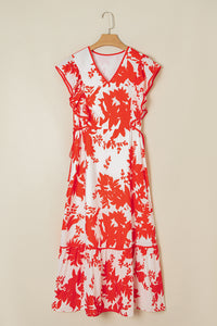 KaleaBoutique Stylish Floral Print Trimmed V Neck Ruffle Sleeve Long Dress - KaleaBoutique.com