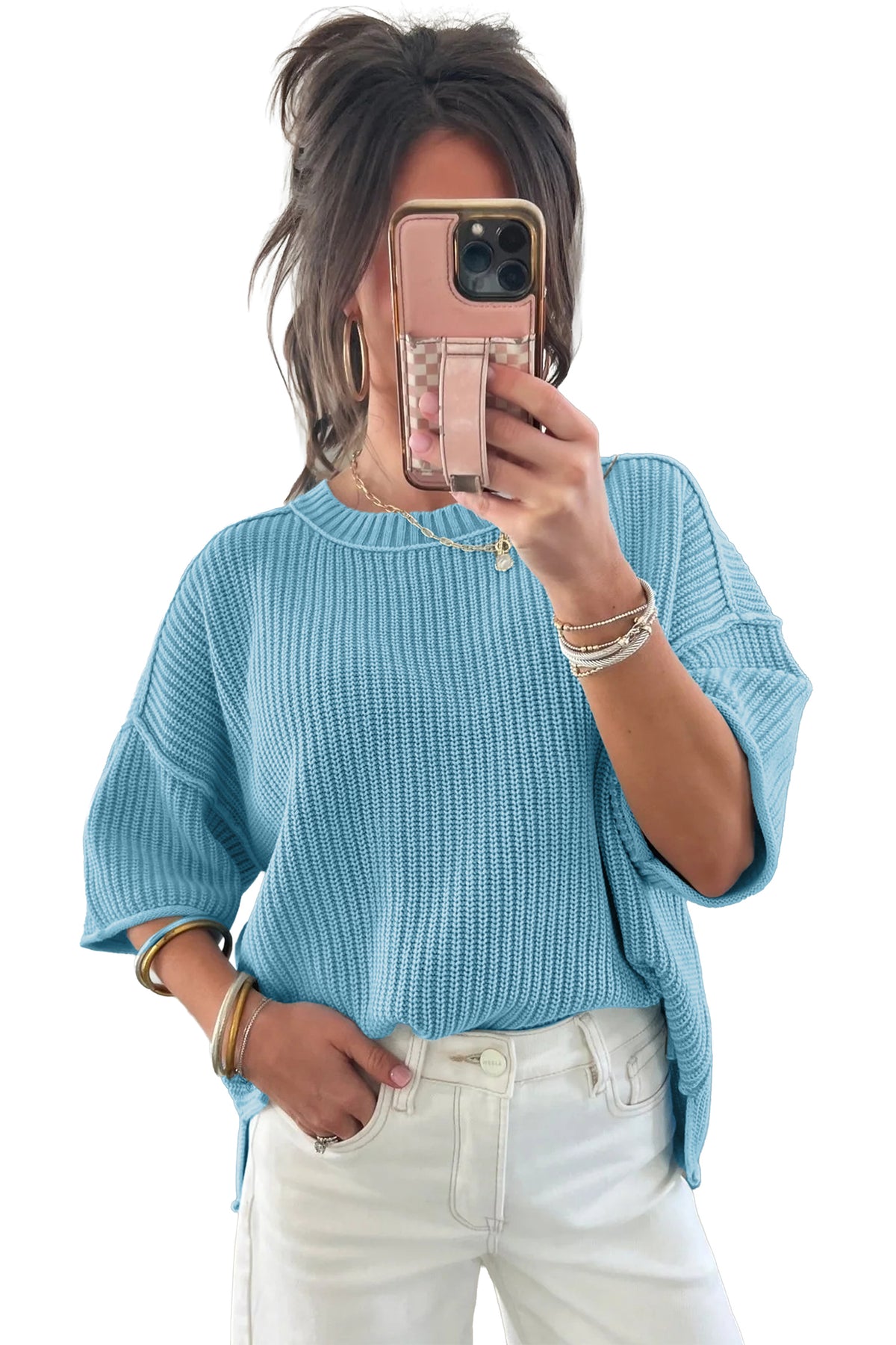 KaleaBoutique Comfortable Exposed Seam Detail Half Sleeve Loose Sweater - KaleaBoutique.com