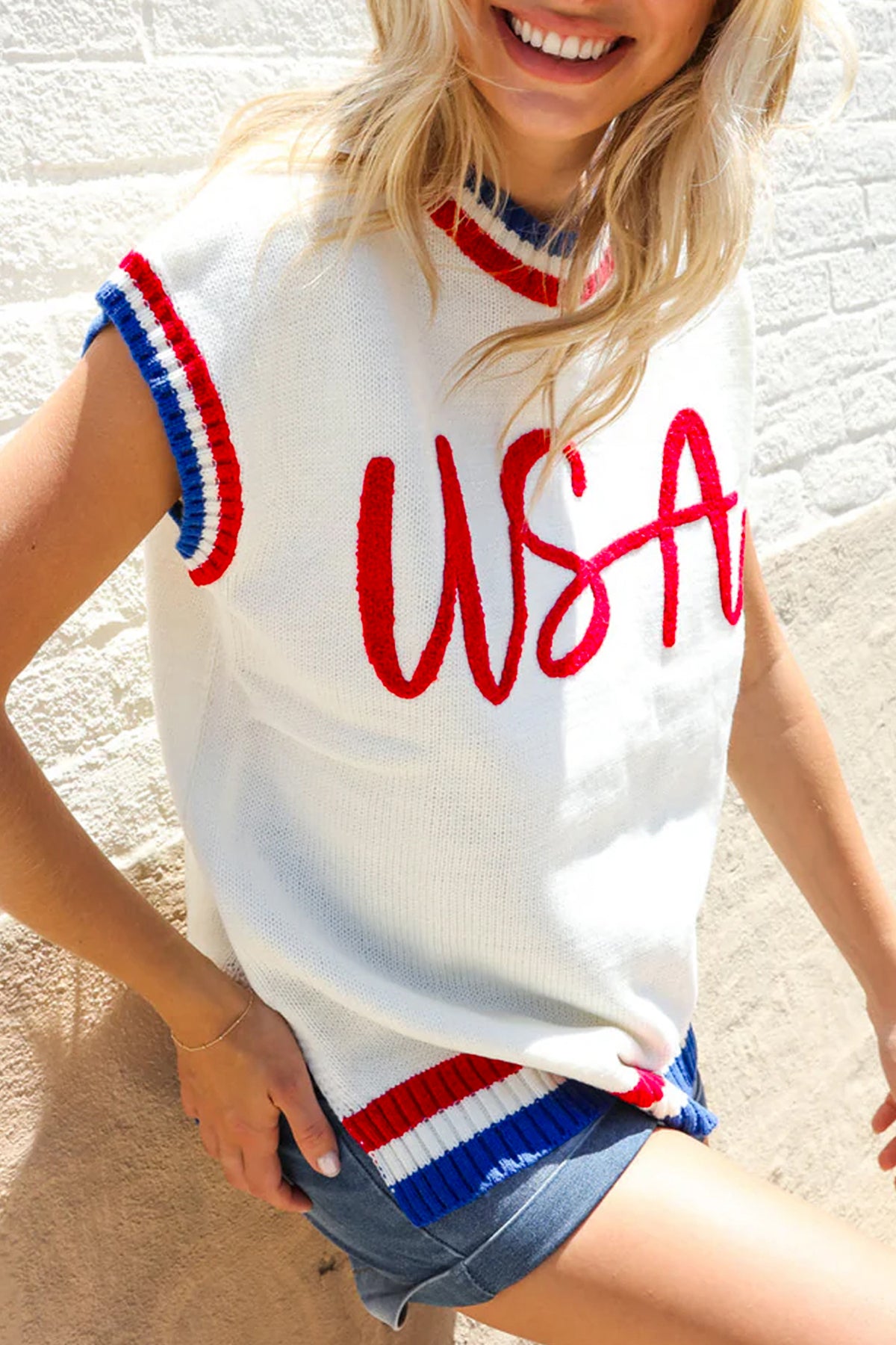 KaleaBoutique Stylish USA Contrast Striped Trim Round Neck Short Sleeve Sweater - KaleaBoutique.com