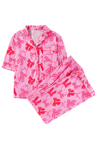 KaleaBoutique Stylish Bow Knot Print Lapel Collar Short Sleeve and Pants Pajamas Set - KaleaBoutique.com