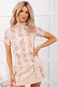 KaleaBoutique Beige Floral Print Mock Neck Short Sleeve Mesh Top - KaleaBoutique.com