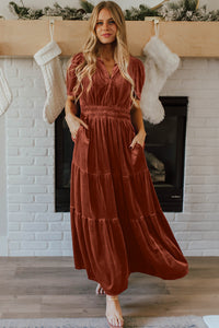 KaleaBoutique Stylish Velvet Short Sleeve Shirred Waist Tiered Maxi Dress - KaleaBoutique.com