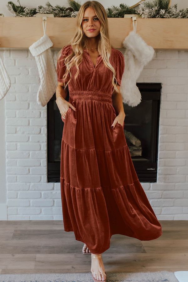 KaleaBoutique Stylish Velvet Short Sleeve Shirred Waist Tiered Maxi Dress - KaleaBoutique.com