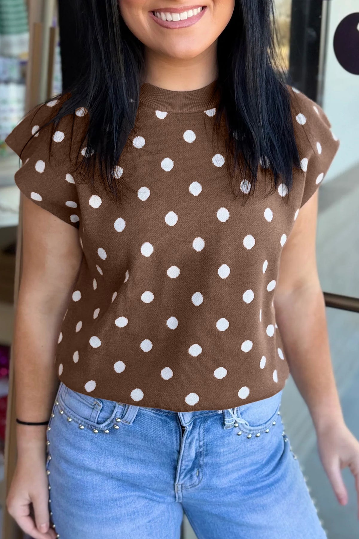 KaleaBoutique Comfortable Dolman Short Sleeve Round Neck Polka Dot Sweater - KaleaBoutique.com