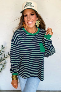 KaleaBoutique Ribbed Color Block Patchwork Crew Neck Patch Pocket Long Sleeve Top - KaleaBoutique.com