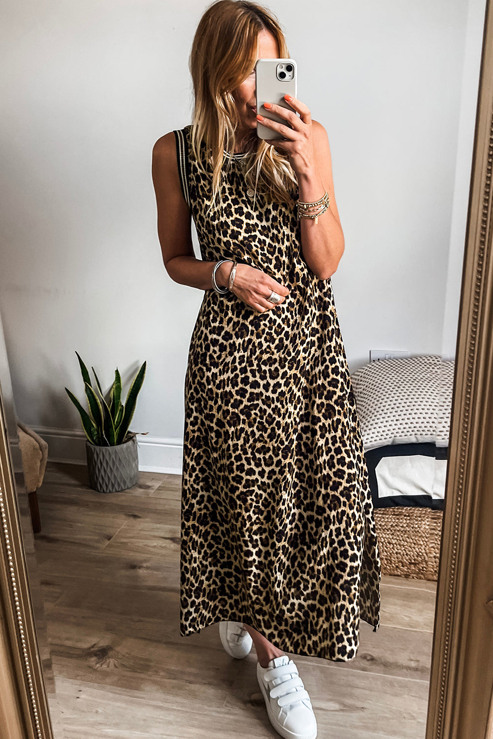 KaleaBoutique Stylish Contrast Striped Trim Leopard Sleeveless Maxi Dress - KaleaBoutique.com