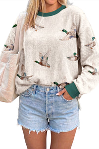 KaleaBoutique Stylish Twisted Ribbed Duck Print Crewneck Casual Pullover Top - KaleaBoutique.com