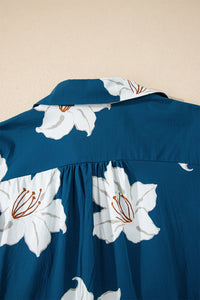 KaleaBoutique Comfortable Floral Print Shirt Collar V Neck 3/4 Sleeve Shift Midi Dress - KaleaBoutique.com