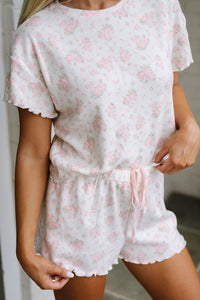KaleaBoutique Stylish Floral Lettuce Trim Tee and Shorts Ribbed Lounge Set - KaleaBoutique.com