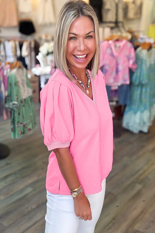 Solid Color V Neck Short Puff Sleeve Blouse - KaleaBoutique.com