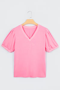 Solid Color V Neck Short Puff Sleeve Blouse - KaleaBoutique.com