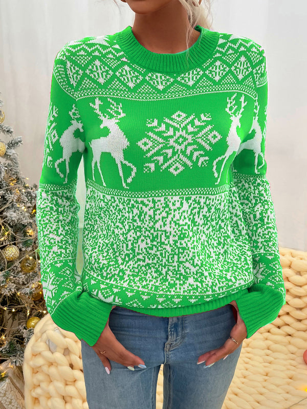 Women's Reindeer and Snowflake Round-Neck Christmas Sweater - KaleaBoutique.com