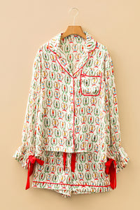 KaleaBoutique Stylish Nutcracker Print Contrast Trim Tied up Bow Silky 2pcs Pajama Set - KaleaBoutique.com