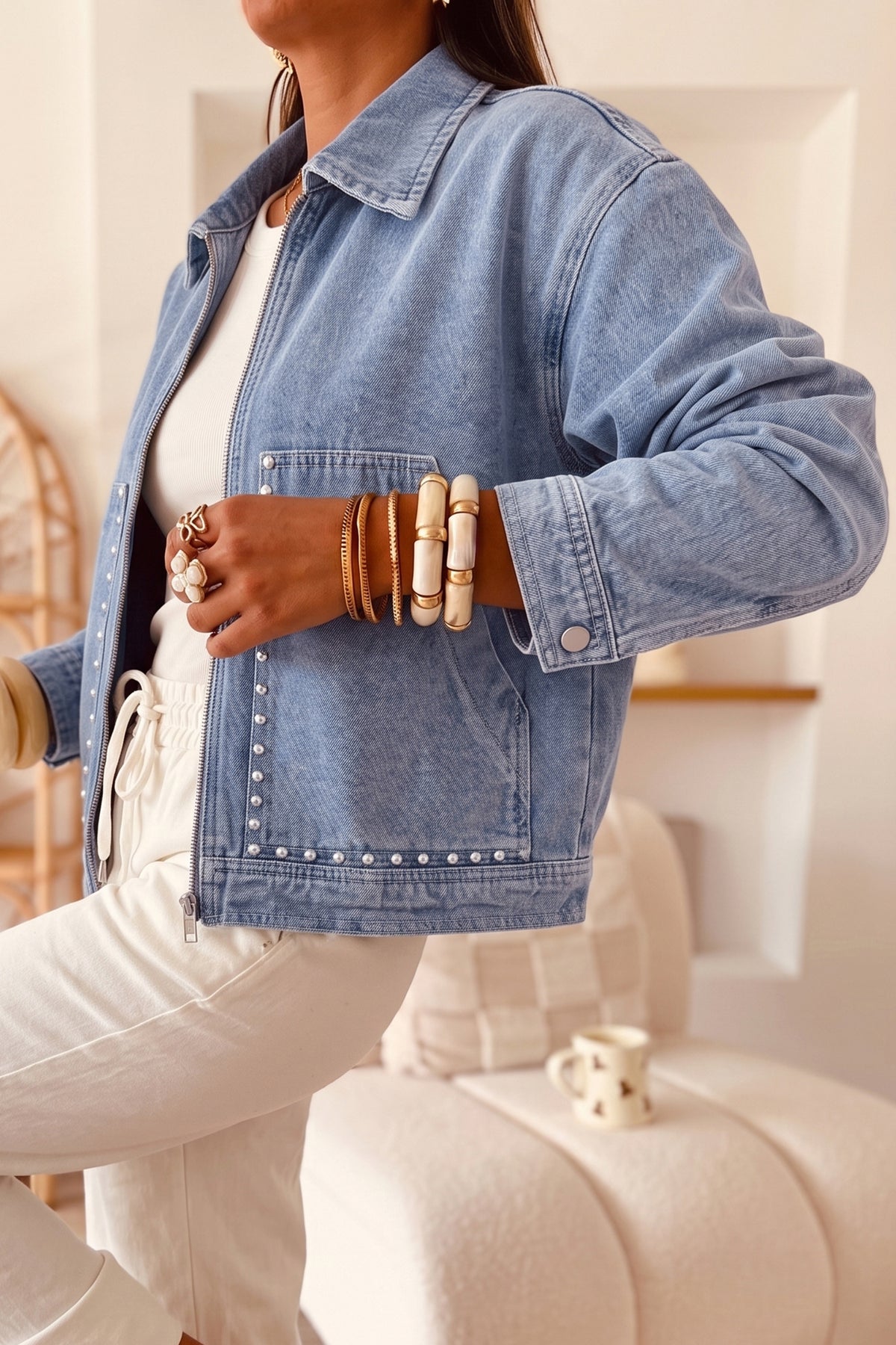 KaleaBoutique Stylish Studded Metal Zipper Rivet Pockets Long Sleeve Denim Jacket - KaleaBoutique.com
