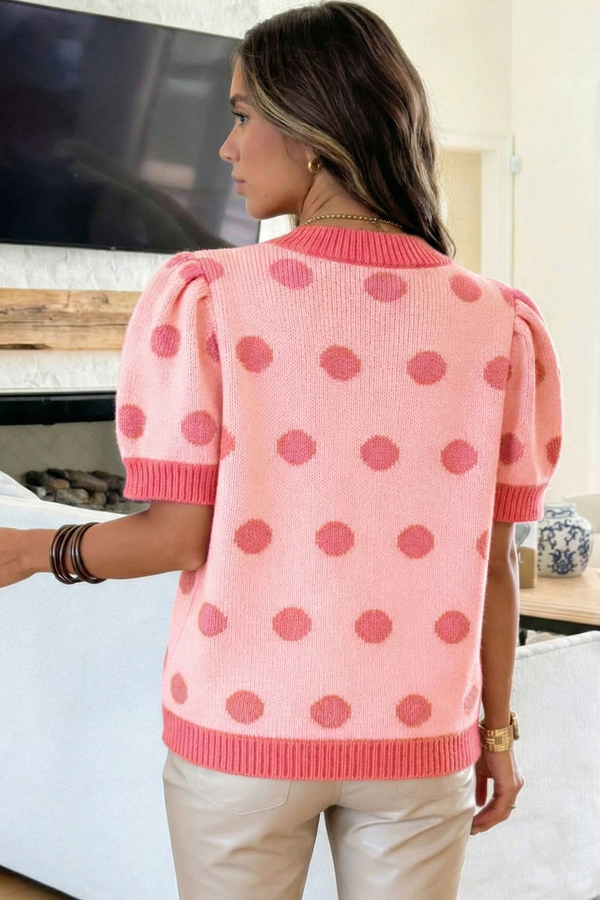 KaleaBoutique Comfortable Polka Dot Puff Short Sleeve Sweater Top - KaleaBoutique.com