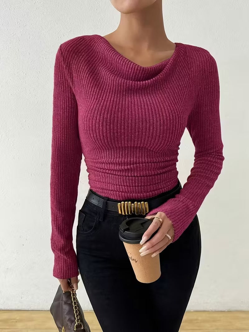 Women's Ribbed Cowl-Neck Long-Sleeve Pullover Sweater - KaleaBoutique.com