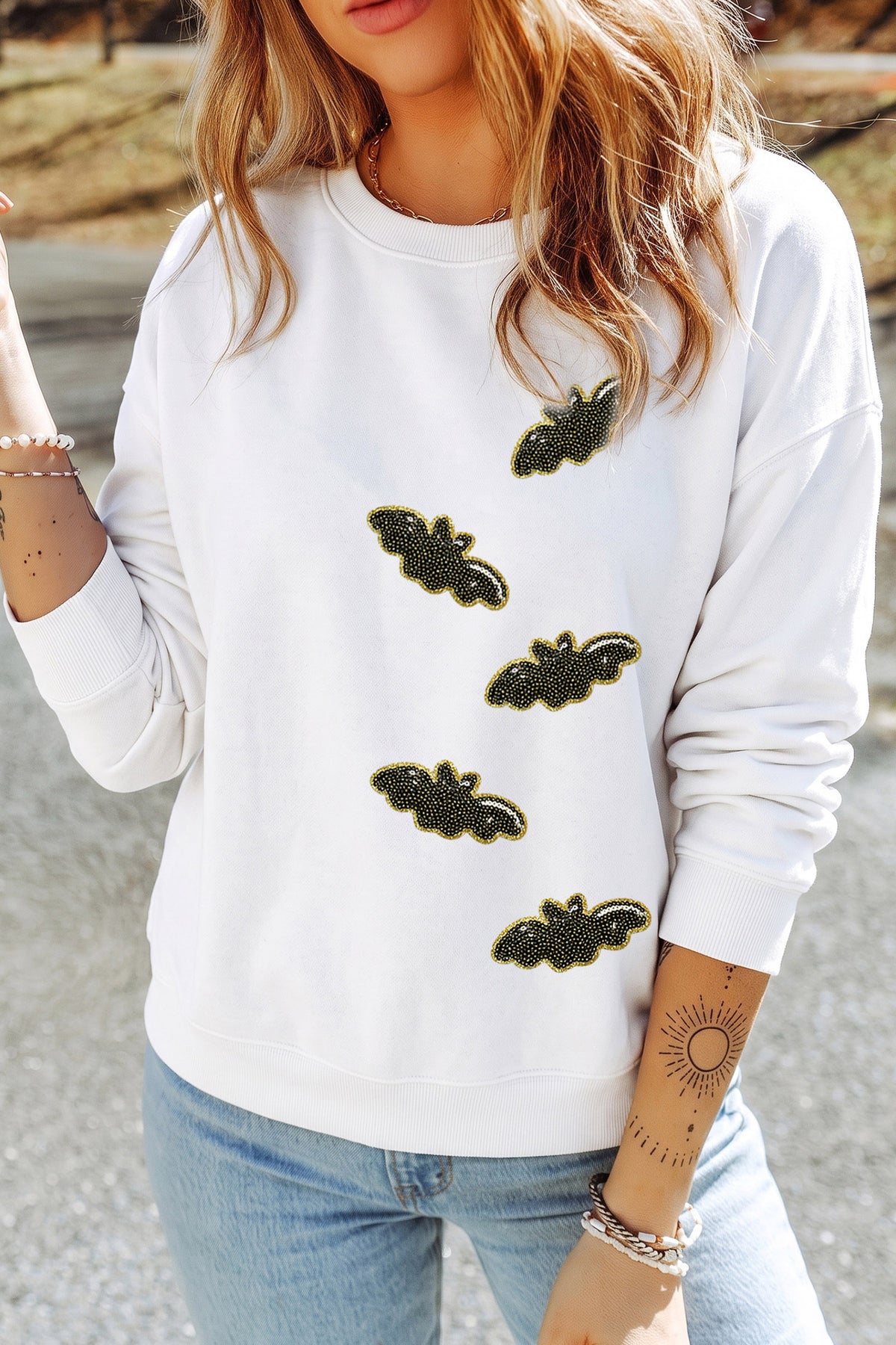 White Sequin Bat Halloween Pullover Sweatshirt - KaleaBoutique.com