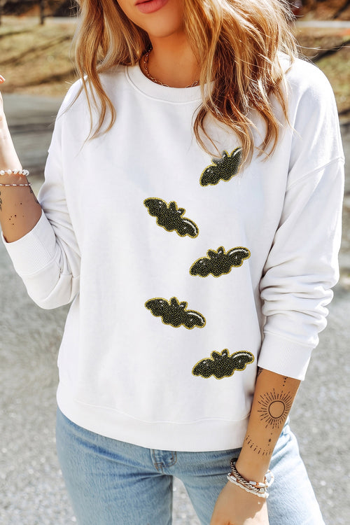 White Sequin Bat Halloween Pullover Sweatshirt - KaleaBoutique.com