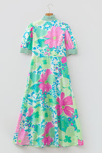 KaleaBoutique Stylish Floral Print Striped Trim Button Down Short Sleeve Vacation Dress - KaleaBoutique.com