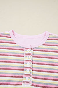 KaleaBoutique Stylish Exposed Seam Color Block Striped Patchwork Loose Henley Sweatshirt - KaleaBoutique.com