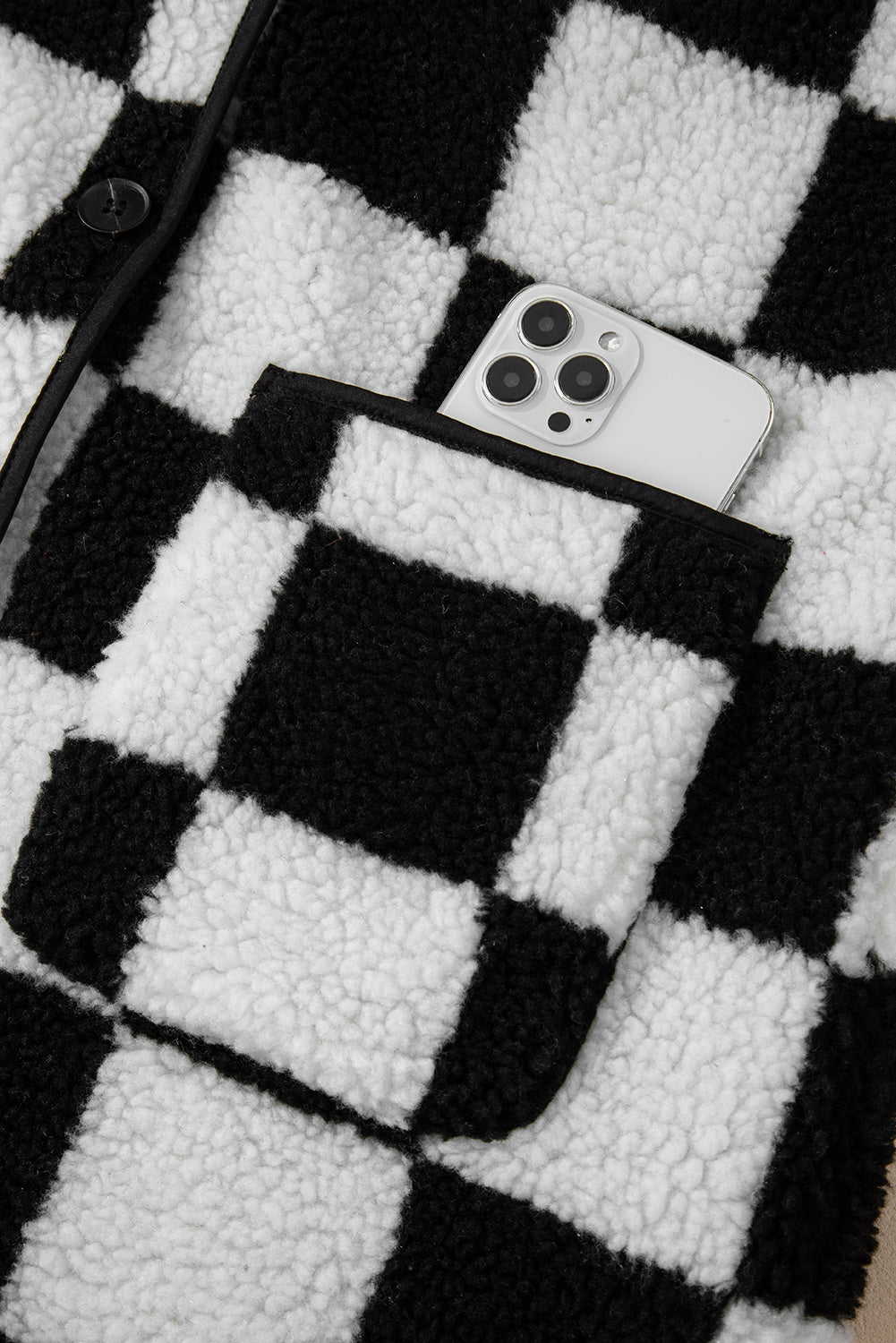 KaleaBoutique Checkered Side Pockets Collared Buttoned Fleece Jacket - KaleaBoutique.com