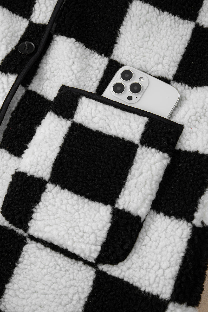 KaleaBoutique Checkered Side Pockets Collared Buttoned Fleece Jacket - KaleaBoutique.com