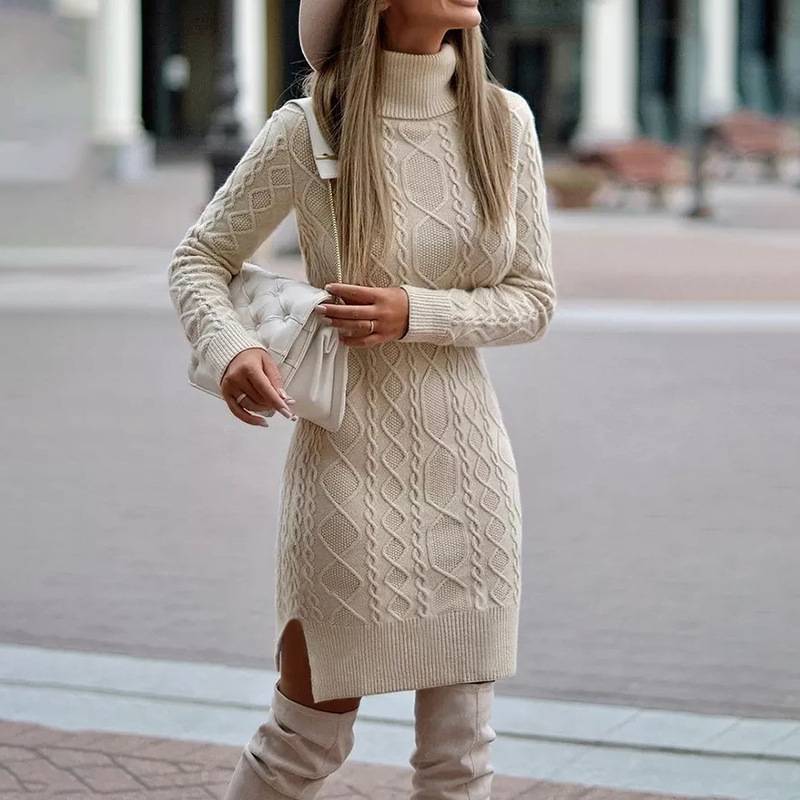 Fashion Turtleneck Knitted Dress With Slit Design Winter Warm Solid Color Pullover Long Sweater Women's Clothing - KaleaBoutique.com