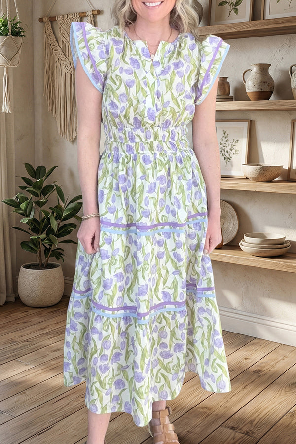 KaleaBoutique Comfortable Tulip Floral Print Contrast Trim Midi Dress - KaleaBoutique.com