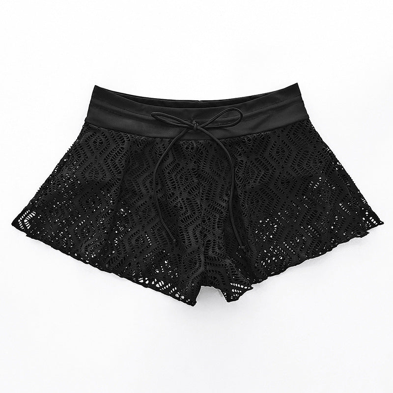 Women's Black Openwork Lace Tie-Front Swim Shorts - KaleaBoutique.com