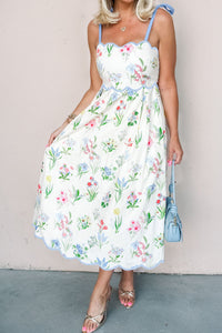 KaleaBoutique Stylish Floral Print Contrast Trim Self-tie Straps High Waist Midi Dress - KaleaBoutique.com