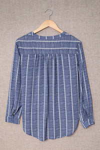 KaleaBoutique Stylish Striped Print V Neck Half Buttons Loose Blouse - KaleaBoutique.com