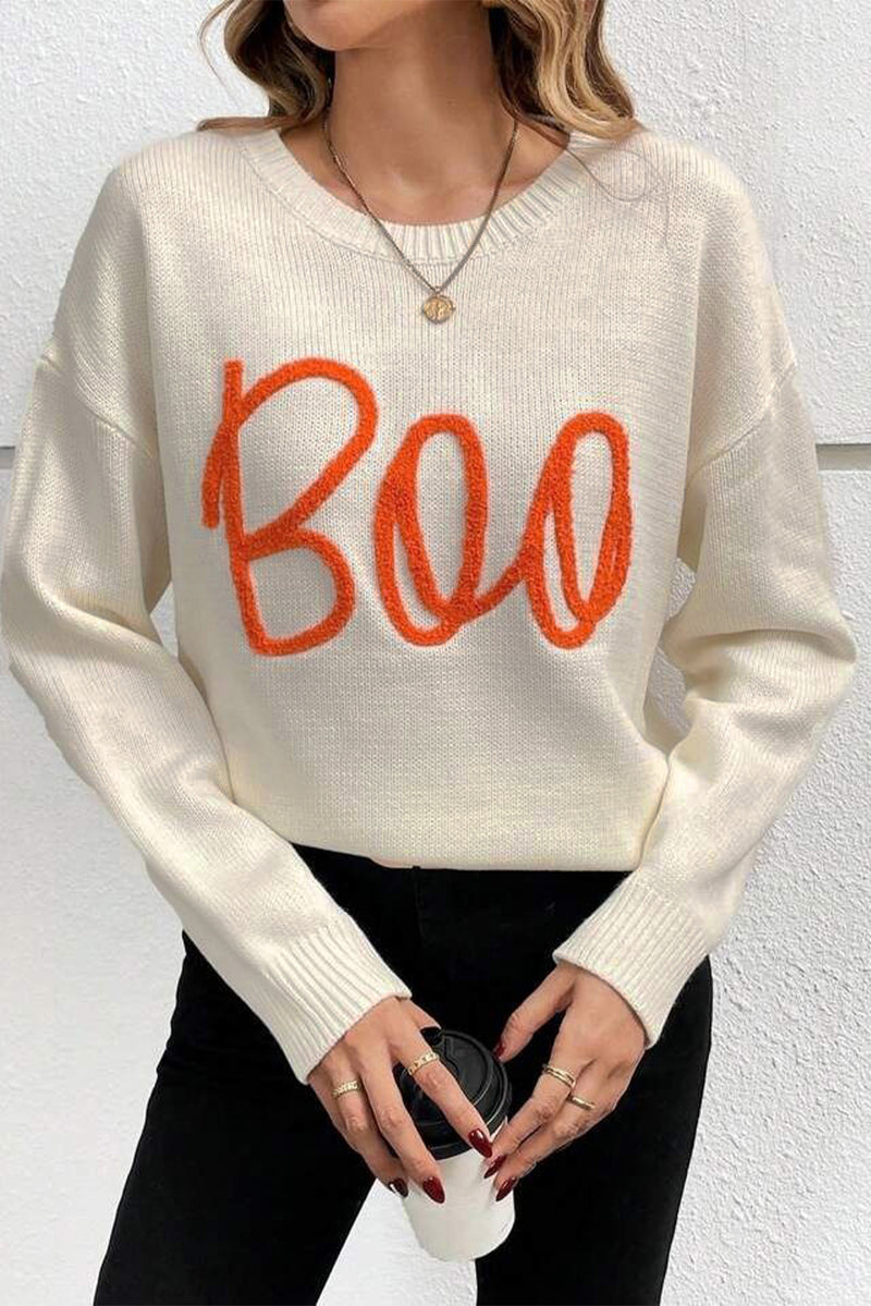 KaleaBoutique Boo Knitted Pattern Ribbed Edge Drop Shoulder Sweater - KaleaBoutique.com