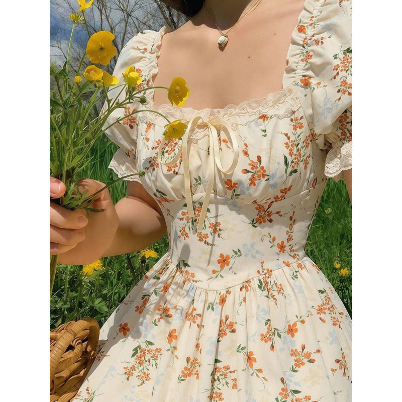 Women's Floral Puff-Sleeve Lace-Trim Ruffle-Hem Maxi Dress - KaleaBoutique.com