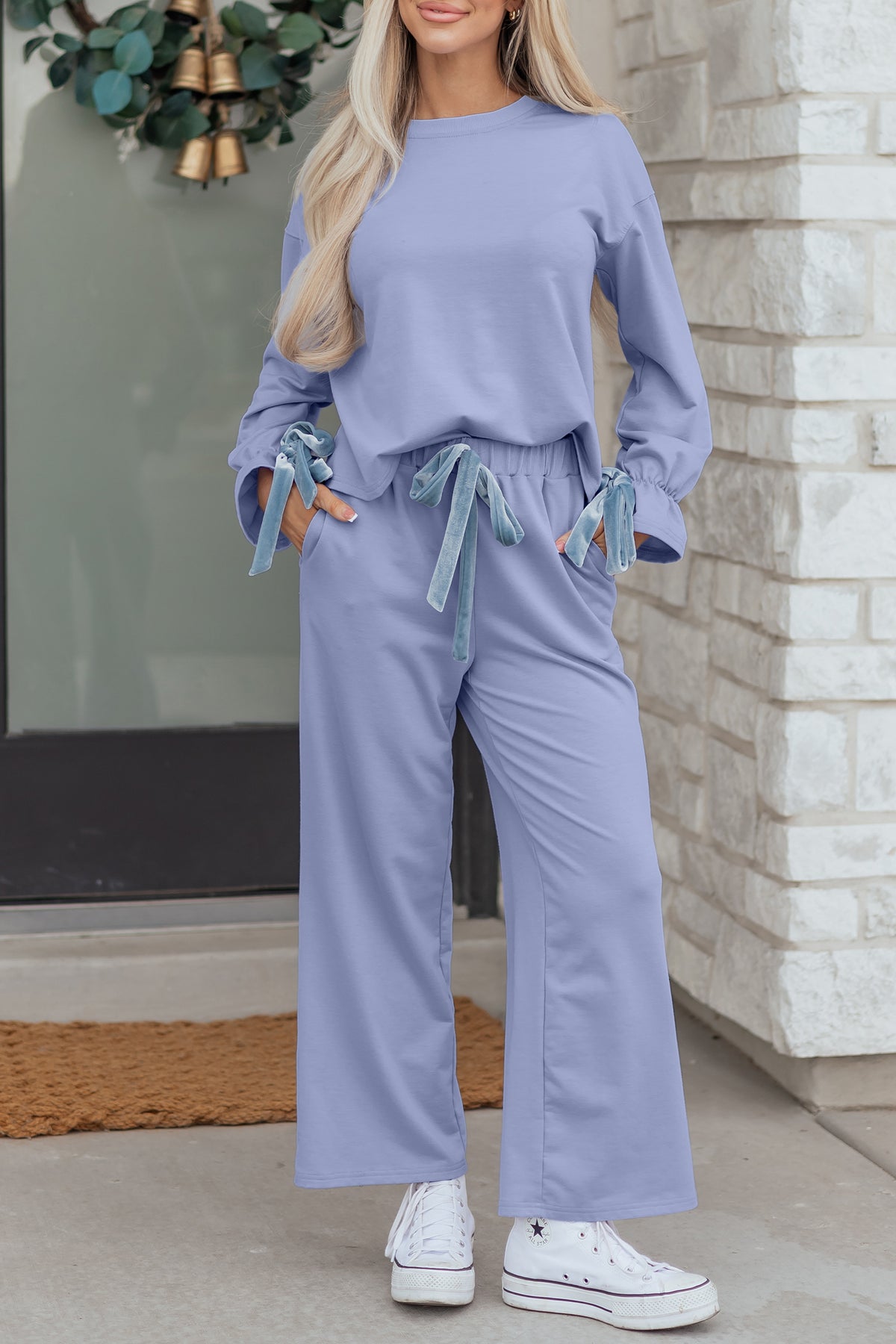 KaleaBoutique Comfortable Flounce Long Sleeve Top Drawstring Pants Contrast Velvet Bow Knot 2pcs Lounge Set - KaleaBoutique.com