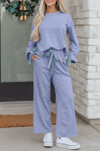 KaleaBoutique Comfortable Flounce Long Sleeve Top Drawstring Pants Contrast Velvet Bow Knot 2pcs Lounge Set - KaleaBoutique.com