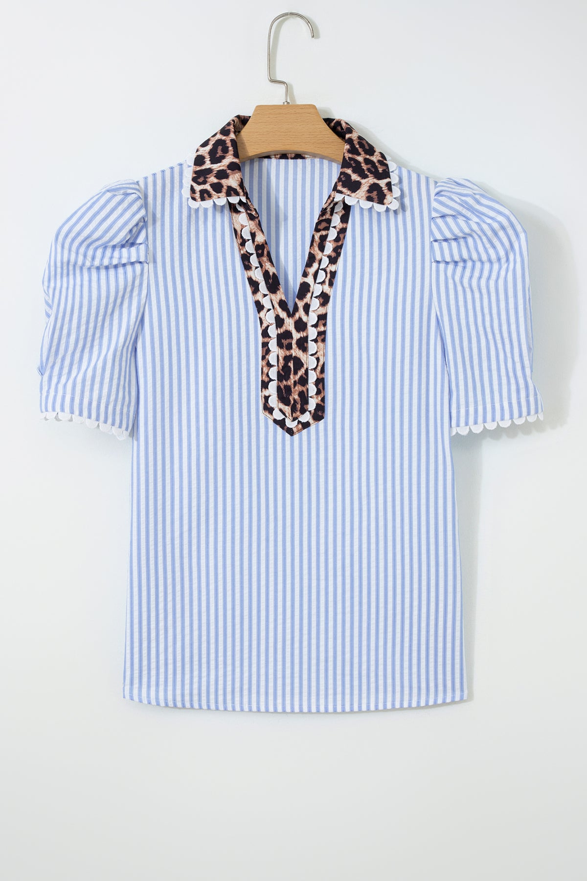 KaleaBoutique Ricrac Trim Short Puff Sleeve Leopard Patchwork Collar V Neck Blouse - KaleaBoutique.com