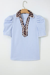 KaleaBoutique Ricrac Trim Short Puff Sleeve Leopard Patchwork Collar V Neck Blouse - KaleaBoutique.com