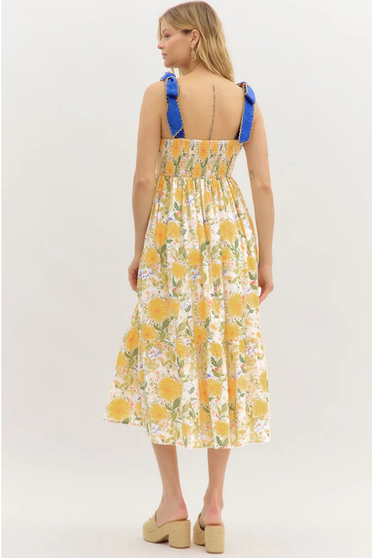 KaleaBoutique Comfortable Floral Print Contrast Stitched Knot Denim Straps High Waist Dress - KaleaBoutique.com