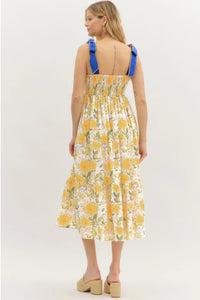 KaleaBoutique Comfortable Floral Print Contrast Stitched Knot Denim Straps High Waist Dress - KaleaBoutique.com