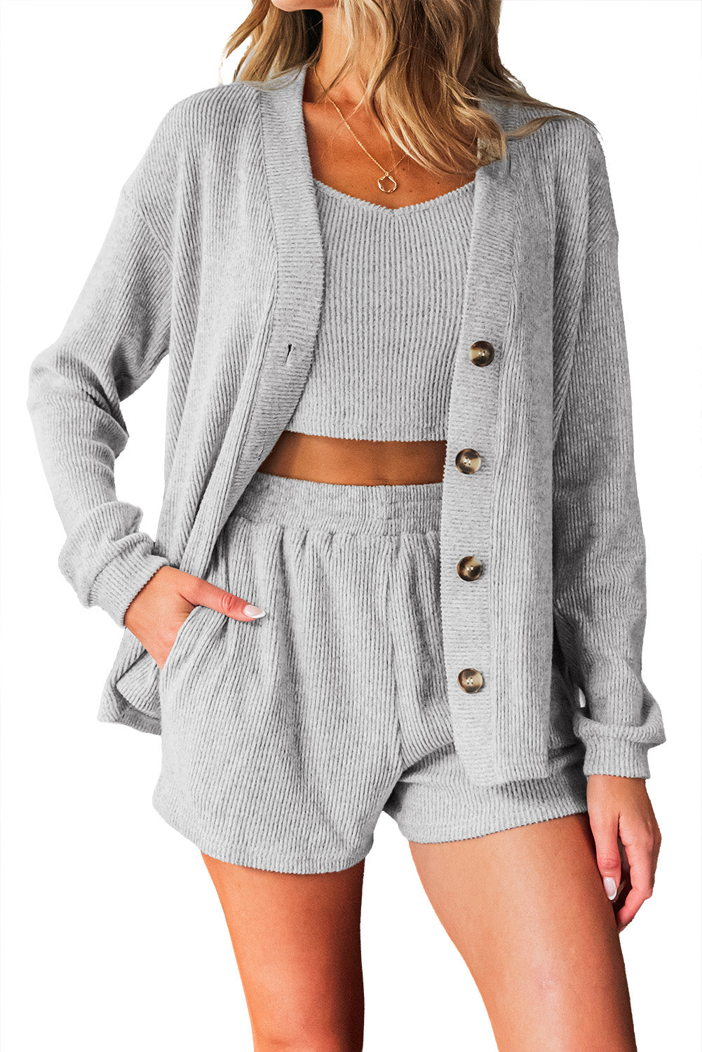 KaleaBoutique Stylish 3 Pieces Rib Crop Camisole Matching Shorts Lounge Set with Cardigan - KaleaBoutique.com