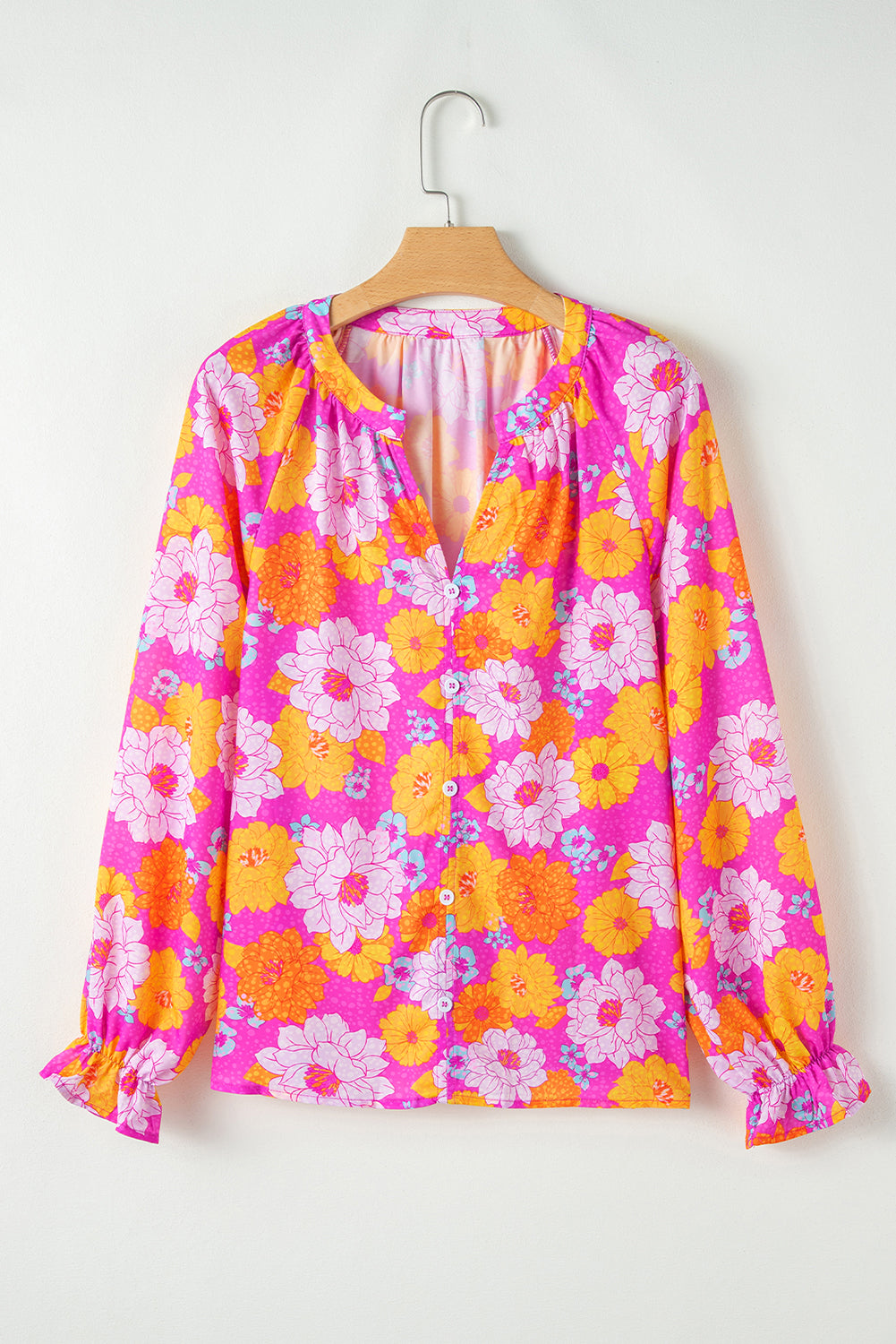 KaleaBoutique Floral Print Flounce Sleeve Notched Neck Blouse - KaleaBoutique.com