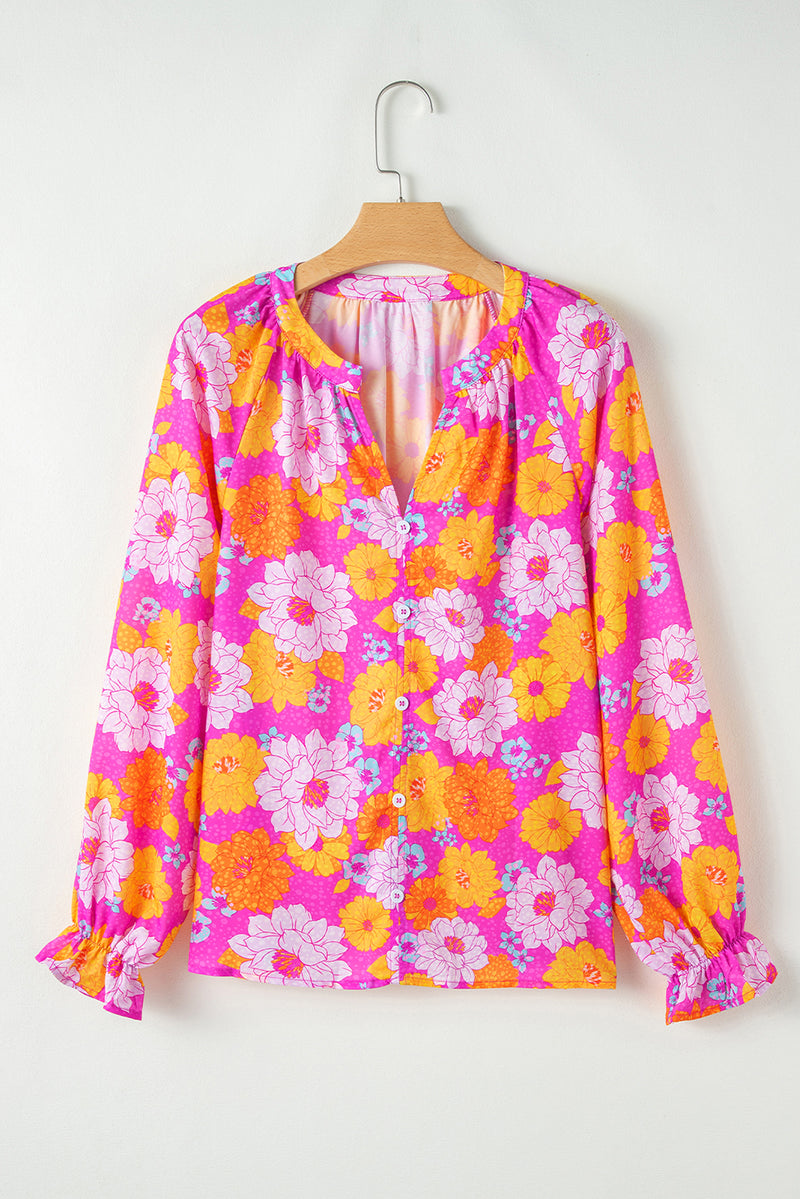 KaleaBoutique Floral Print Flounce Sleeve Notched Neck Blouse - KaleaBoutique.com
