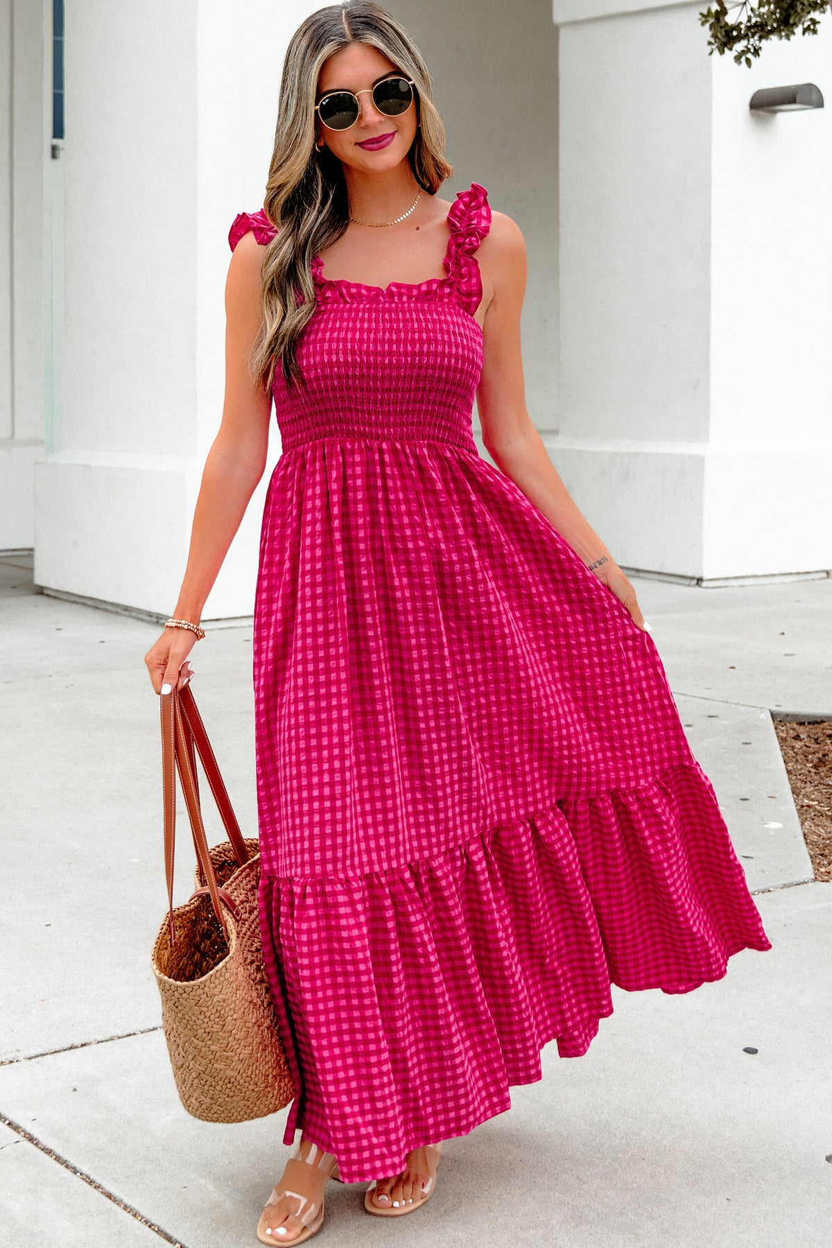 KaleaBoutique Comfortable Plaid Square Neck Fit-and-flared Vacation Sundress - KaleaBoutique.com