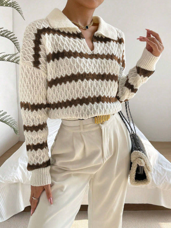 Women's Striped Openwork Polo-Collar Pullover Sweater - KaleaBoutique.com