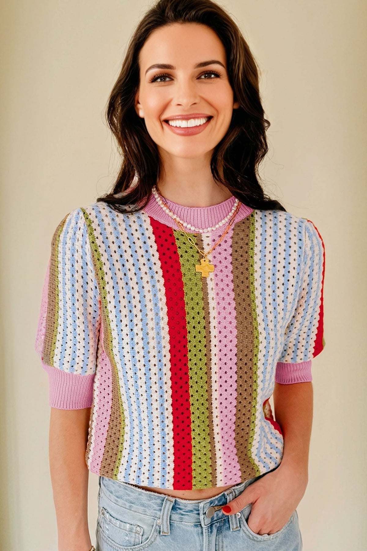 KaleaBoutique Stylish Striped Pointelle Knit Short Sleeve Sweater - KaleaBoutique.com