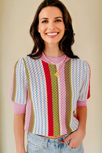 KaleaBoutique Stylish Striped Pointelle Knit Short Sleeve Sweater - KaleaBoutique.com
