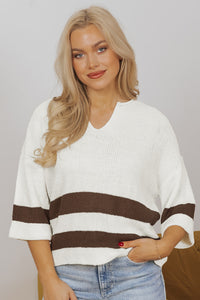 KaleaBoutique Stylish Brown Striped Accent Notched V Neck Cropped Sweater T Shirt - KaleaBoutique.com
