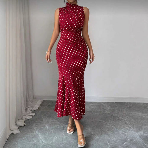 Women's Red Polka-Dot High-Neck Sleeveless Fishtail Dress - KaleaBoutique.com