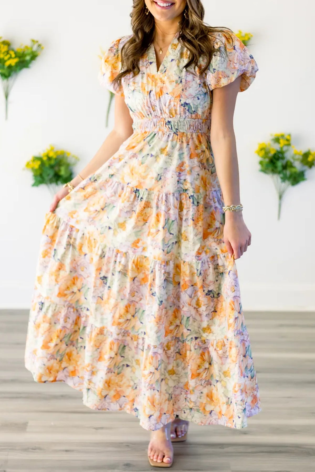 KaleaBoutique Comfortable Floral Bubble Sleeve V Neck Flared Maxi Dress - KaleaBoutique.com