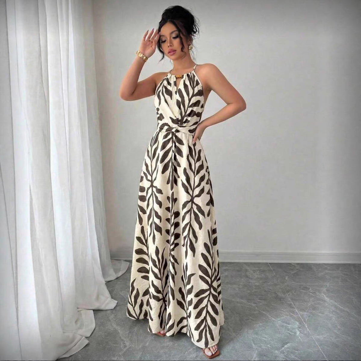 Women's Leaf-Print Beaded Halter Belted Maxi Dress - KaleaBoutique.com